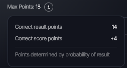 Example Max Points breakdown for correct result and correct score points